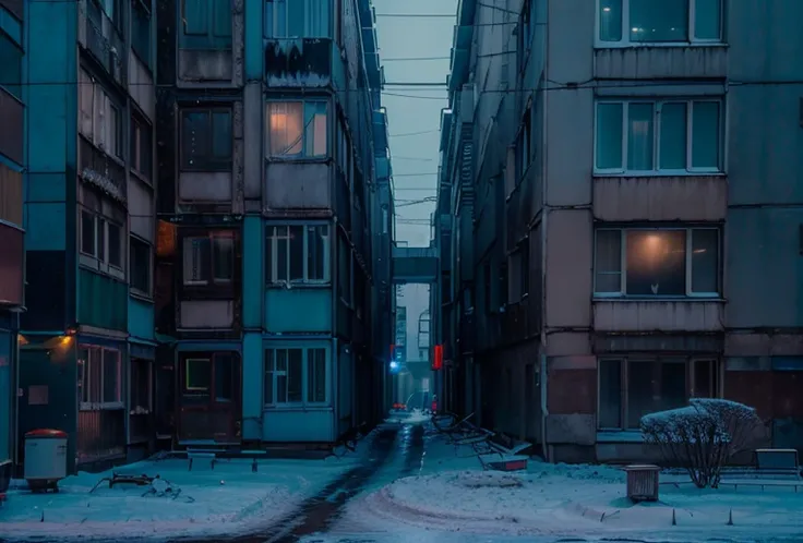 ground view, (ciberpunk) street with large buildings, RussianEbenya, dark evening, night time, snowing, filmstill, (neon lights), Lens 90 mm, VHS, Blade Runner style, Masterpiece, Best Quality, (Film grain:1.1), extra high resolution, Raw