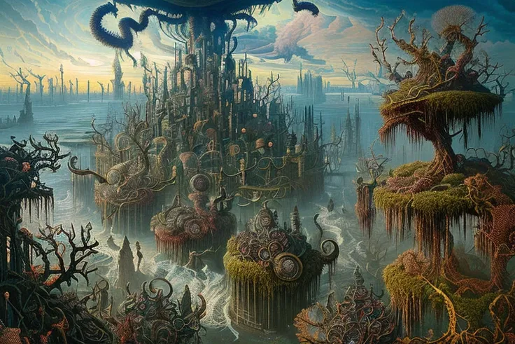 This horror art illustration is hyper-detailed, Mythical Landscape, viewed from a wide-angle perspective from top to bottom. The scene depicts a chaotic city, surrounded by thorns, and a polluted river, leading to a terrible waterfall.. The sky is filled w...