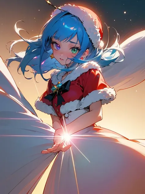 (1 girl in,8ｋDetails;1.5,8ｋResolution of;1.5), ((Christmas:1.2,santa costume:1.2)){{{Glitter Pupil:1.5, Heart-shaped pupil:1.5,eye glass:1.5}}}),((Blue hair,Shiny hair,Glowing hair)), (Heterochromia), (Light focus :1.2, Warm light gradient:1.2,Bright light...