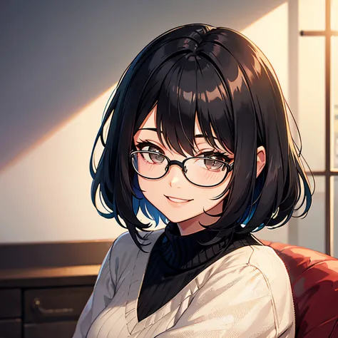 Short black hair, glasses, bob hair, soft wavy hair, smiling, face facing forward, adult female, playing a game, in the room, alone