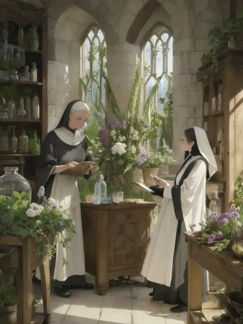 painting of two women in a church with flowers in a vase, two hovering twin nuns, by Cynthia Sheppard, in a monestry natural lighting, servants, edmund blair leighton, inspired by Geertgen tot Sint Jans, inspired by William-Adolphe Bouguereau, victorian al...