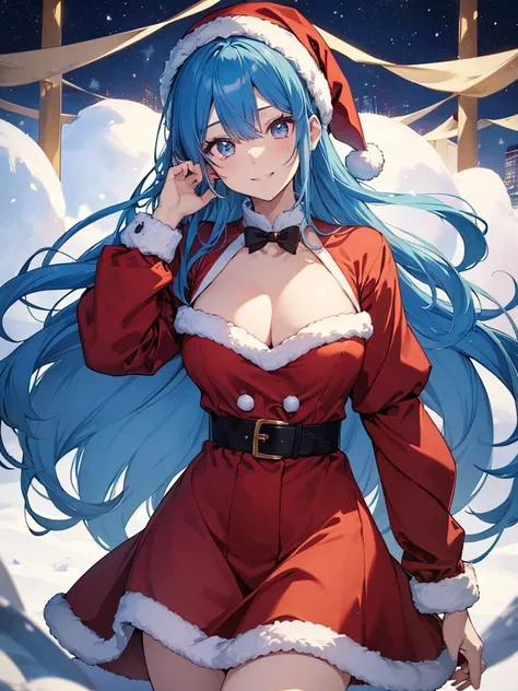 1人の女性、Blue hair(Curta)、Top quality rimless glassy brown eyelids、ultra-detailliert、8K resolution、Raw photo、masutepiece、gorgeous faces、Perfect body、A smile、santa claus