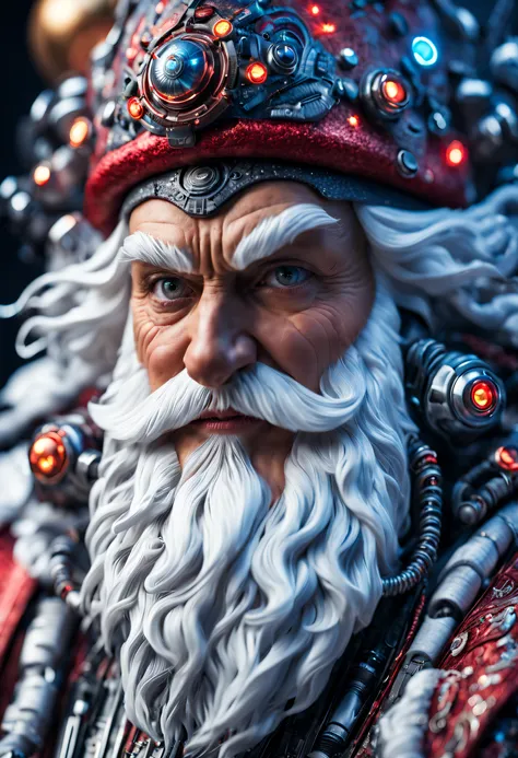 Santa Claus biomechanics, Portraits decorated with futuristic embossed clothing., cyborg, a druid, emotion, posture, closeup portrait shot, captured on canon eos r 6, (Realistic face details), intricate detailed, Portrait of a robot, very high details, pho...