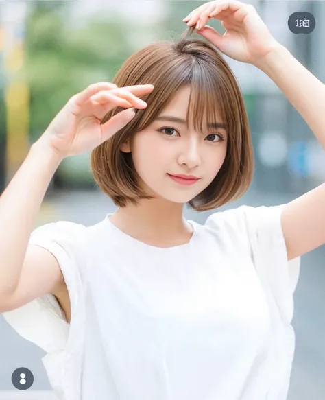 Close up portrait of woman in short hairstyle and white shirt, With short hair, with short hair with bangs, short brown hair with bangs, neat hair with bangs, white hime cut hairstyle, chin-length hair, short - medium length hair, Medium short hair, hime-c...