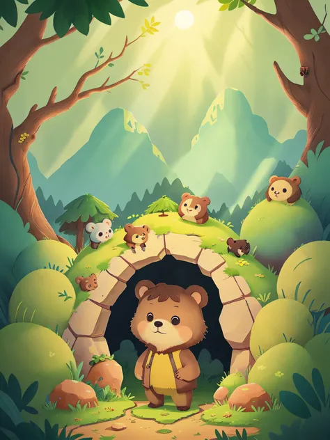 little bear standing at the entrance of the cave，look into the distance。sun，layers of mountains，dewdrops twinkling，