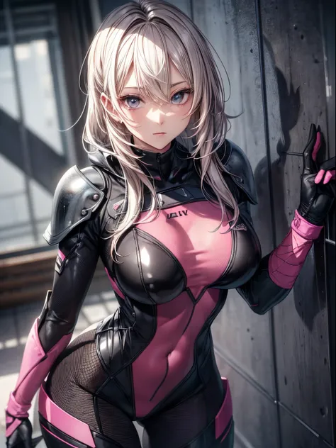 top-quality、Full limbs、complete fingers、Slender beauty、1 female、Beautiful Large Breasts、woman wearing black and pink suit, streamlined pink armor, slick pink armor, ((fullbodysuit)), cybersuit, matte pink armor