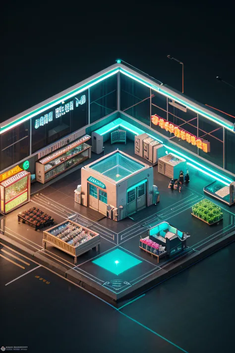 Isometric, overlooking 45 degrees, neon lighting markets, gray background, Bio dome, concept art, Octane rendering, cyan and white theme