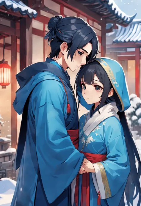 ancient china, a courtyard house, snow, tree, a girl and a boy standing face to face in the courtyard, the girl is wearing a blue cloak with hood, the boy is wearing hanfu, the girl and the boy have black hair, the boy is a bit higher than the girl