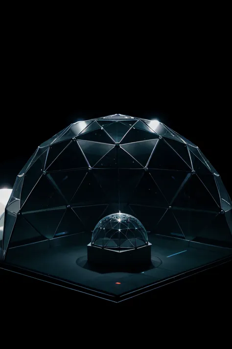 Isometric, overlooking 45 degrees, transparent Geodesic Dome, black background