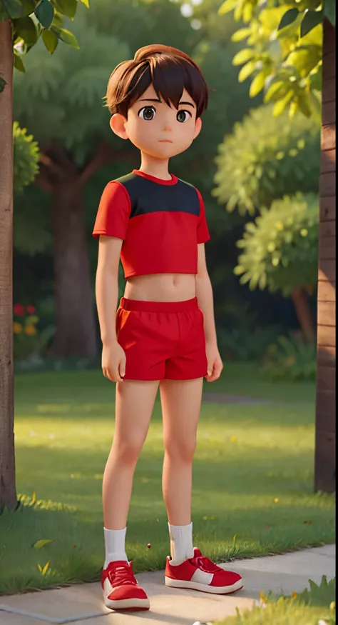 A boy stands in a green park, the boy is wearing a short red and black top and short yellow shorts, short red black top, menino, short yellow shorts, crop top, !!in the short top!!, Crop top on him