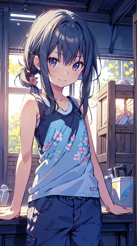 masutepiece, Best Quality,Illustration, Wallpaper, ultra -detail, 1little girl、♡、Futomo、Poses in motion、soft smiling、Summer scenery、Tank Tops、shortpants