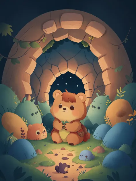 as night fell，little bear snuggles in a warm cave，the sky is full of stars outside，