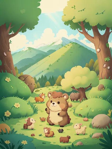 little bear playing with the sheep on the mountain，the sheep are laughing，green grass，