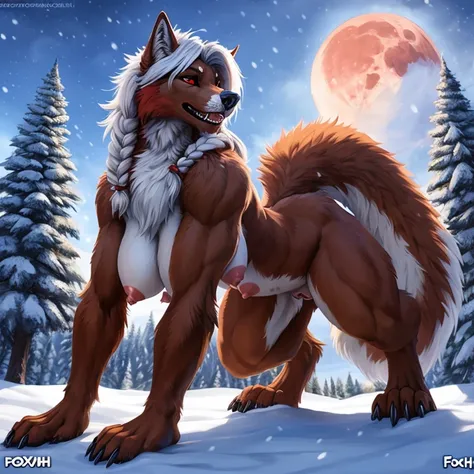 illustration perfect beaut length portrait photorealistic beautiful muscular sexy athletic anthro female werecanid on hill, snow snowfall, is on all fours presenting pussy suggestive pose wide angles dynamic angle, red moon, highly detailed hdr photo uhd h...