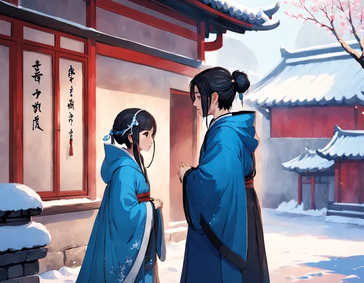 ancient china, a courtyard house, snow, tree, a girl and a boy standing face to face in the courtyard, the boy is wearing hanfu,...