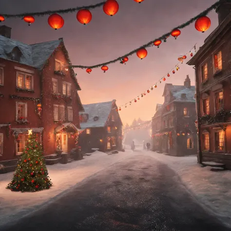 Breathtaking cinematic photo of a real Hyperrealistic christmas landscape photo of a village covered with snow in the ethereal mist,((snow is falling)), (((christmas tree:1.8 in the center: 1.5)))), ((street lanterns: 1.8)), (((people walking on the street...