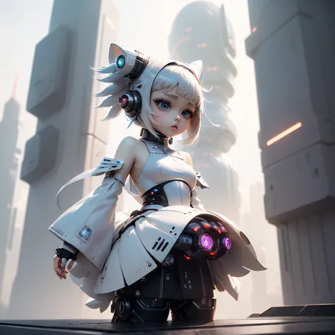 ​masterpiece、top-quality、ultra-detailliert、(Chibi Charas Daughter:1.3), (White theme:1.3), (Cyber future design concept:1.4), (white high neck futuristic cyber dress, flare sleeve, flered skirt, Bare shoulder:1.5), (Metallic fabric with built-in LED light:...