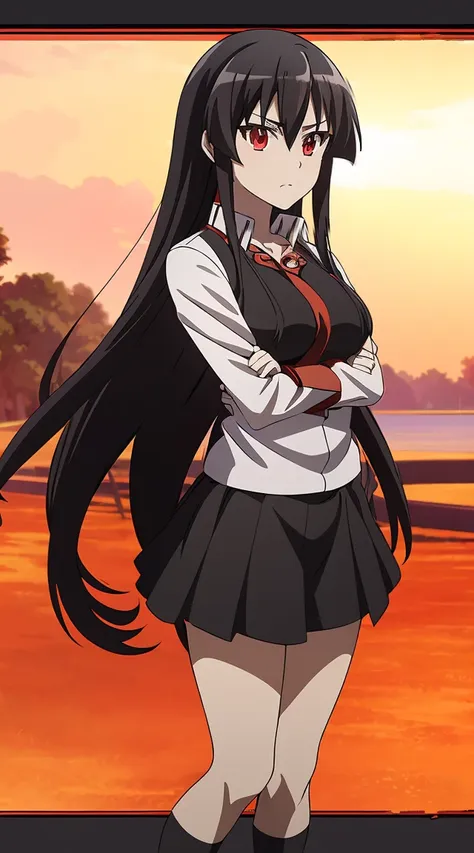 akame (akame ga kill) anime art style, master piece, best quality,1girl,siting ,very long black hair, perfect face, beautiful re...