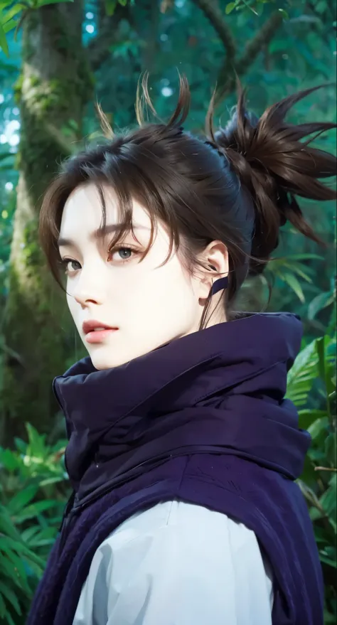 Real life adaption of this character, beauty face,looking to viewer, villain expression,realistic same hair ,realistic jungle with many grass background, hyper realistic, realistic light, realistic shadow, realism,(photorealistic:1.2), realistic same outfi...