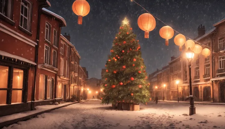 Breathtaking cinematic photo of a real Hyperrealistic christmas landscape photo of a village covered with snow in the ethereal mist,((snow is falling)), (((christmas tree:1.8 in the center: 1.5)))), ((street lanterns: 1.8)), (((people walking on the street...