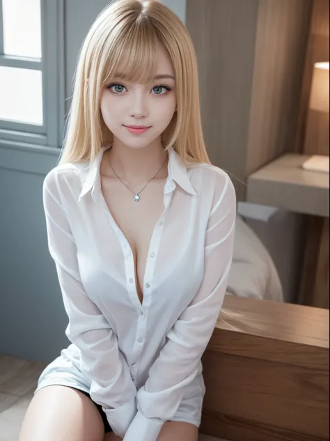 portlate、Faithfully reproduces school uniforms、Thin shirt of fabric:1.3、Young shiny shiny white shiny skin、Best Lookronde Reflection Light、Silky platinum blonde hair with dazzling highlights、shiny light hair、Super long silky straight hair、Beautiful bangs t...