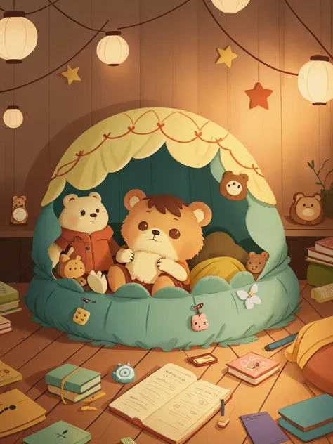 little bear sleeps in his own cozy bed，surrounded by precious memories and tchotchkes it collected during its travels，