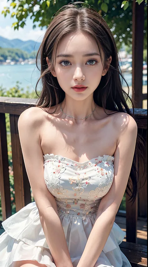 Sweet girl clothes4,strapless dress,jewelry, fashi-girl, red lips, mature female, makeup, Big eyes. Pretty eyes, ((Random shooting angles)), (best quality, masterpiece:1.2), ultra-detailed, (realistic:1.37), beautiful, youthful, glamorous model with (detai...