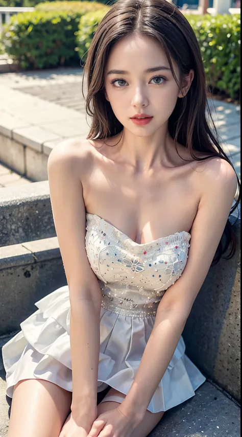 Sweet girl clothes4,strapless dress,jewelry, fashi-girl, red lips, mature female, makeup, Big eyes. Pretty eyes, ((Random shooting angles)), (best quality, masterpiece:1.2), ultra-detailed, (realistic:1.37), beautiful, youthful, glamorous model with (detai...