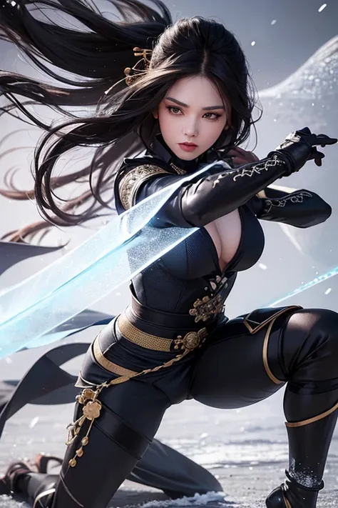 best quality,4k,8k,highres,masterpiece:1.2,ultra-detailed,realistic:1.37,oriental ninja girl,beautiful detailed eyes,beautiful detailed lips,extremely detailed eyes and face,longeyelashes,2girls,ice power ninja suit,black sleek mask,swift and agile movemen...