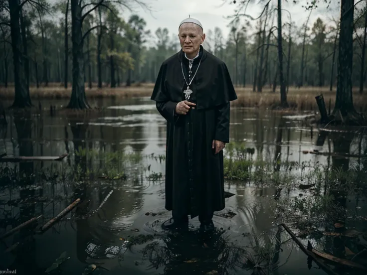 (Pope (Karol Wojtyla)) lurking in (swamp), dark country atmosphere, creepy