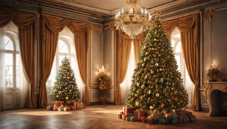 Breathtaking cinematic photo of a real Hyperrealistic christmas tree standing in an antique baroque interior, multi-colored lights and golden Christmas tree decorations on the christmas tree, candlelights, extremely high-resolution details, photorealism, r...