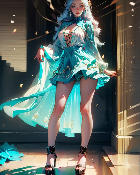 Tall girl, transparent blouse, translucent clothes, see-through blue underwear, good figure, big breasts, short skirt, high heels, high details, masterpiece, --auto --s2