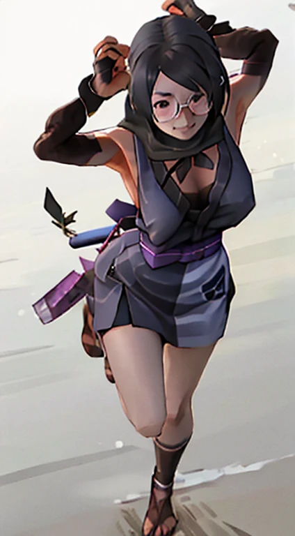 Stema Peace、hanekawa tsubasa、attack of glasses、A dark-haired、large boob、 (Black hair, Brown eyes, Round face),With ribbon, (nose blush, half opened eye),, [Full body shot]、eye glass、Head-to-toe shots、A dark-haired、kunoichi、Holding a dagger in both hands、