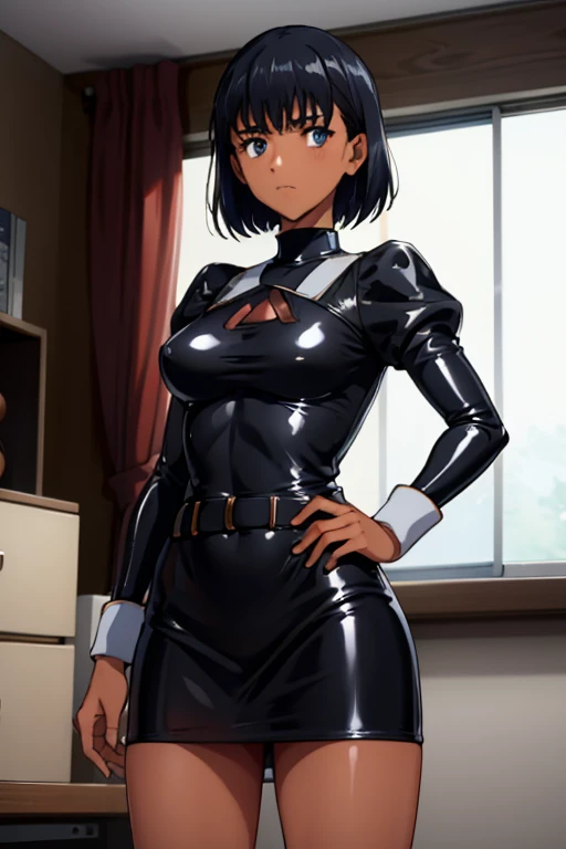 Masterpiece, Best Quality, Highly detailed, illustration, absurdres, agent aika, black delmo uniform, jacket pencil skirt, miniskirt, extremely glossy latex, puffy sleeves, tight miniskirt, latex, Beautiful body, Beautiful Nose, Beautiful character design,...