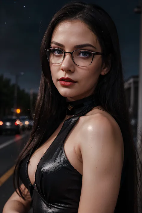 a sexy skinny caucasian nerdy girl glasses portrait night sky empty road dark atmosphere, the wind slightly ruffling black long straight hair, slightly squinted eyes, red amazing lipstick, beautiful makeup with eyeshadows, mouth slightly open, provocative,...