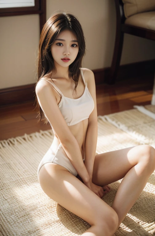 Sit cross-legged on the floor, Beautiful Asian Girls, asiagirl, brown hair and perfect body, Korean girls, Young and elegant,, delicate soft hazy lighting, white coloreaturiful body, sexy for ,smooth body, Asian people, mannequin, small, gorgeous young kor...