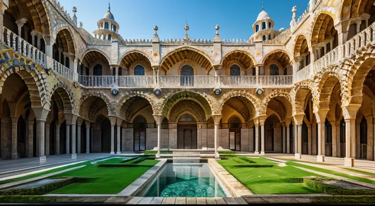 hanging gardens, architecture, monastery, mosque, vibrant flowers. spanish spanish tunisian architecture, dynamic range,by anton...