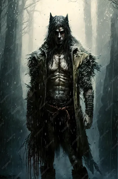 a close-up of a man in costume standing in a forest, solomon kane, design de personagens de fantasia sombria, Male werewolf from the Banu Haqim clan, arte de estilo fantasia escura, no estilo da arte da fantasia sombria, as a solomon kane, arte de fantasia...