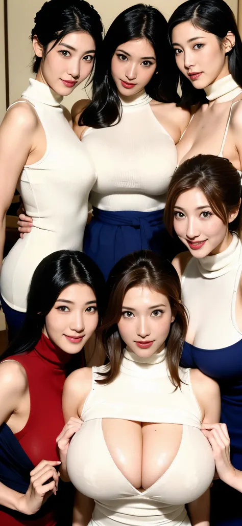 (((Group photo of top 3 beautiful Japanese moms)))、They all have different types and hairstyles but are beautiful.、((All of them are obscene and have long breasts that are too big.))、Different sexual poses、Everyone has big breasts wearing a white turtlenec...