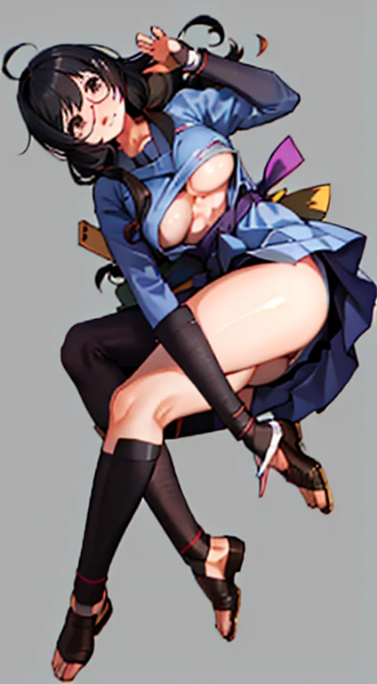 Stema Peace、hanekawa tsubasa、attack of glasses、A dark-haired、large boob、 (Black hair, Brown eyes, Round face),With ribbon, (nose blush, half opened eye),, [Full body shot]、eye glass、Head-to-toe shots、A dark-haired、Kunoichi&#39;My clothes are torn、Holding a...