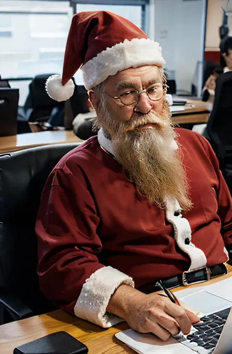 Draw an ultra-realistic happy Santa Claus working on a computer in a modern office