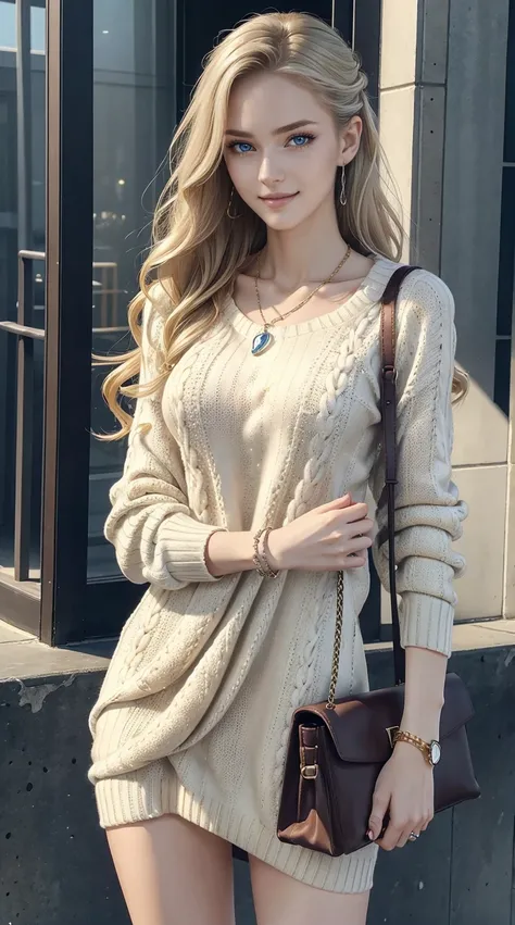 25-year-old Caucasian woman、ash blonde、blue eyess、Semi-long、setting hair、Hair is up、My hair is wavy、Slender but thin macho、accessories on the wrist、wearing a chain necklace、Beautiful breasts、a smile、Wearing a sweater dress、Holding a handbag in his hand