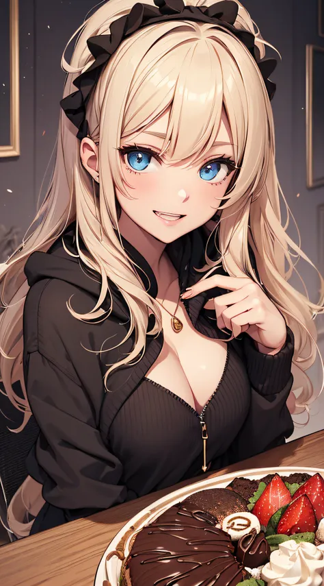 top-quality、Top image quality、​masterpiece、teens girl((Black underwear、Black hoodie with open chest、Black skirt、18year old、 Ager、Best Bust、big bast,Beautiful light blue eyes, Long Blonde Hair、A slender,Large valleys、Reflecting the whole body、Heart symbol w...