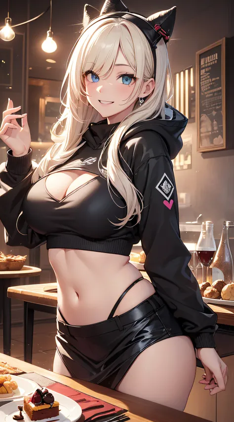 top-quality、Top image quality、​masterpiece、teens girl((Black underwear、Black hoodie with open chest、Black skirt、18year old、 Ager、Best Bust、big bast,Beautiful light blue eyes, Long Blonde Hair、A slender,Large valleys、Reflecting the whole body、Heart symbol w...