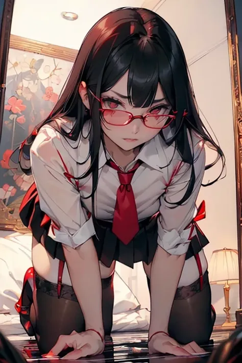 Long black straight hair)、 (extra detailed face、extremely detailed eye、二重まぶた、Red glasses、Very embarrassing、Thick lip)、(White formal shirt:1.3)、(Red sexy panties:1.3)、(Red short tie:1.3) (black tight mini pleated skirt:1.3)、、 (Black garter belt:1.4)、(Black ...