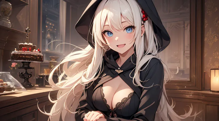 top-quality、Top image quality、​masterpiece、teens girl((Black underwear、Black hoodie with open chest、Black skirt、18year old、 Ager、Best Bust、big bast,Beautiful light blue eyes, Long Blonde Hair、A slender,Large valleys、Reflecting the whole body、Heart symbol w...