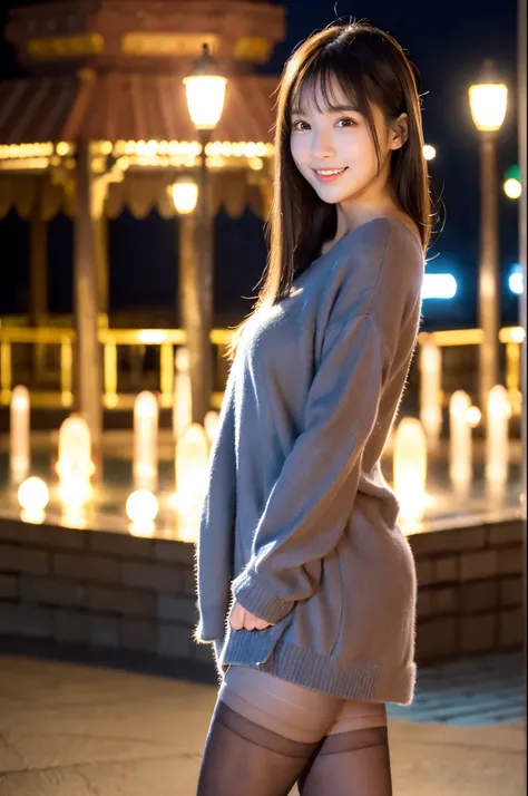 ulzzang -6500-v1.1, (Raw photo:1.2), (Photorealsitic), a beautiful detailed girl, arms behind back、(Real: 1.4),  ((Illumination plaza at night:1.3)), (( midwinter long coat:1.3, Ultra-realistic pantyhose:1.2))、selfee、Instagram、game_nffsw, huge filesize, hi...