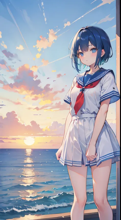 1girl in,teens girl,小柄,small tits,Blue hair,short-haired,straight haired,Okappa,deadpan,schools,ultrasharp, 8K, masutepiece,a sailor suit,the setting sun