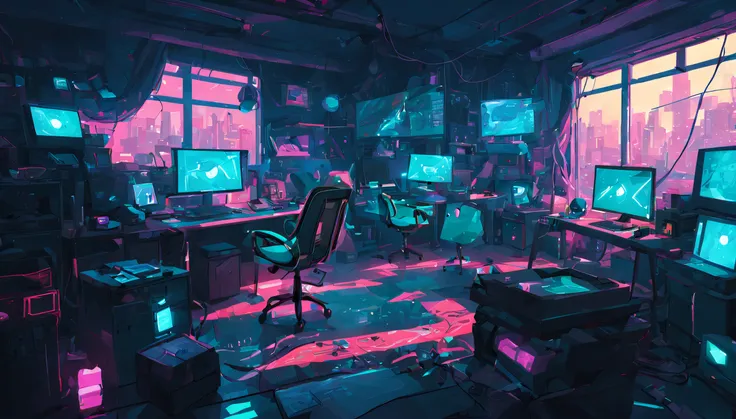 cyberpunk style cluttered room. more neon. many machines with unknown uses. large windows with an open feel. it's sunny outside....