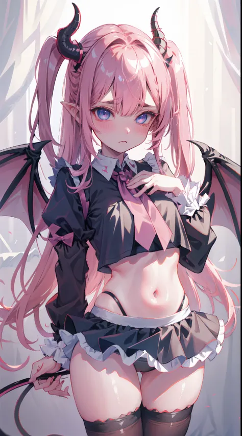 1girl, horns, blue eyes, wings, long hair, pink hair, navel, underwear, panties, , solo, bangs, blush, nakano nino, looking at viewer, white background,  background, black panties, frilled panties, frills, demon horns, long sleeves, blunt bangs, tail, kita...